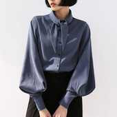 Cămăși elegante cu mâneci lanternă, guler cu fundă, negru, albastru, haine de culoare uni