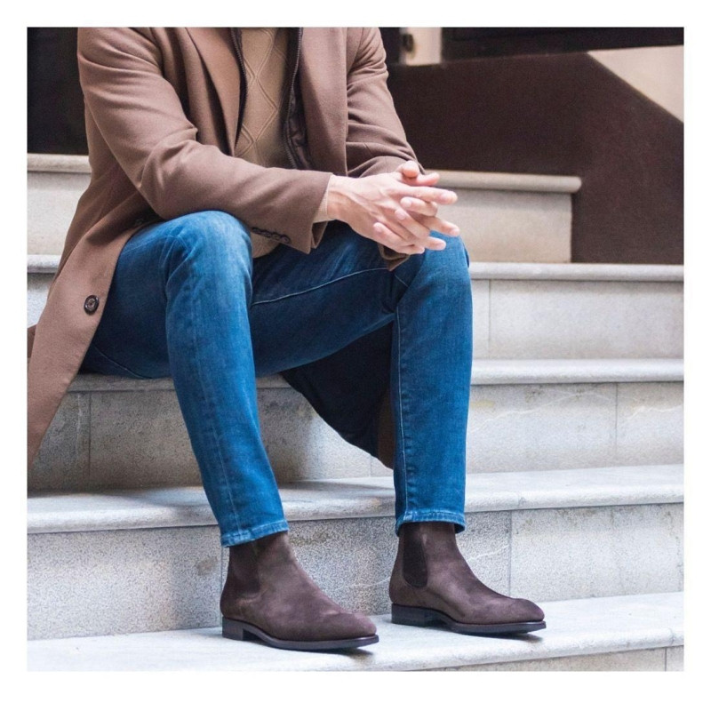 Ghete Chelsea pentru bărbați noi, cafea, piele de căprioară de vacă, cu vârf pătrat, pentru afaceri, cu slip-on, cizme solide pentru bărbați, livrare gratuită Bottes Pour Hommes