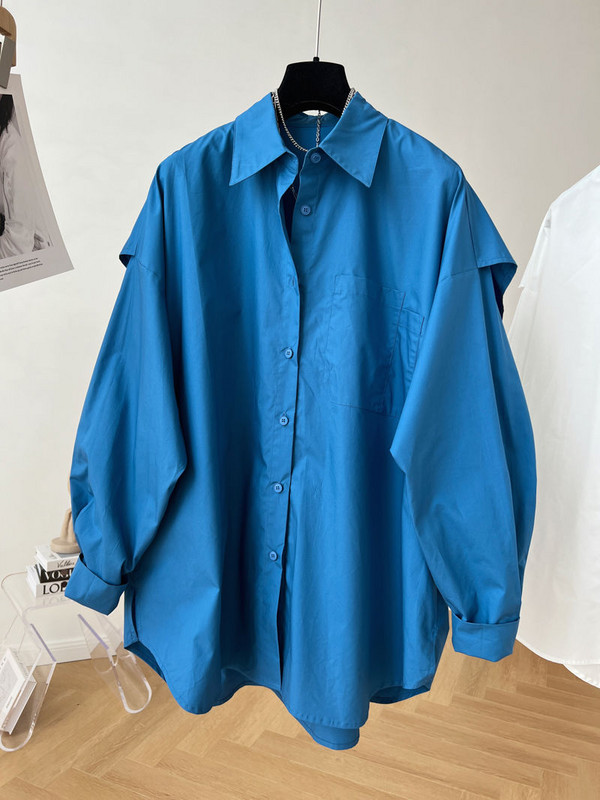 2022 m. Nauji originalaus dizaino moteriški marškiniai, sulenkta apykakle ilgomis rankovėmis, raukiniais priekinėje kišenėje Laisva netikra dviejų dalių viršutinė dalis Mėlyna palaidinė