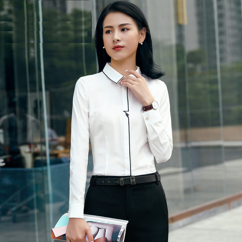 Biuro moteriški darbo marškiniai balti, kontrastingi, surišami vamzdžiai apykaklė ilgomis rankovėmis Drabužiai Pavasario viršūnės moteriškos palaidinės Mėlyna laisvalaikio palaidinė