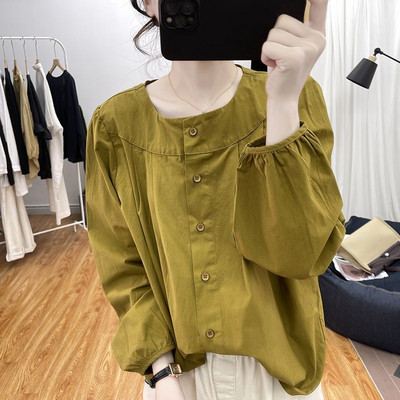 Bumbac mâneci bufante cu decolteu O cu mânecă lungă cămăși cu nasturi femei stil coreean bluză largi Topuri albe 2023 toamnă iarnă nou în