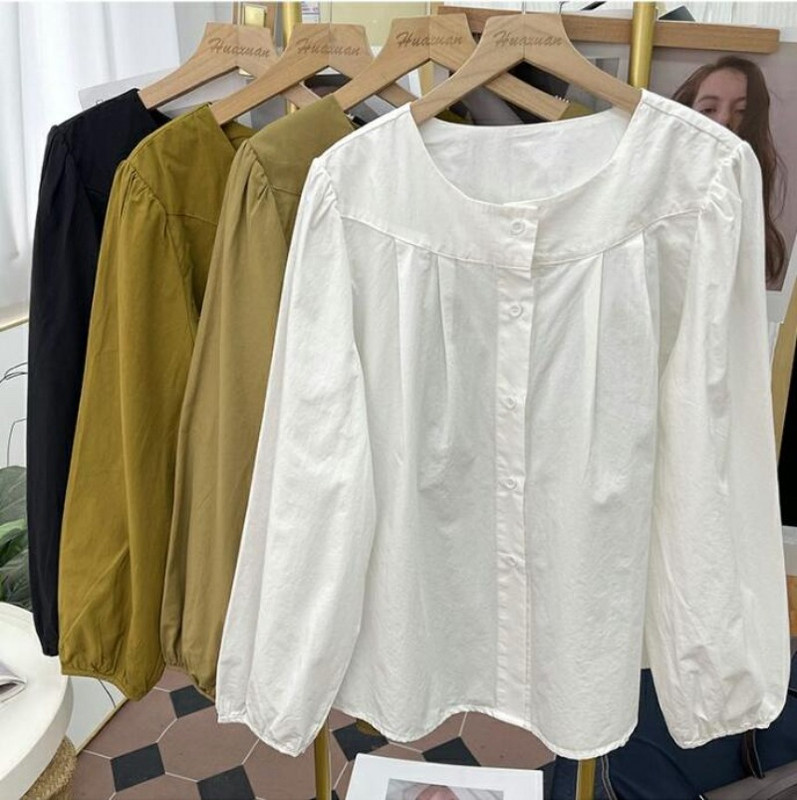 Bumbac mâneci bufante cu decolteu O cu mânecă lungă cămăși cu nasturi femei stil coreean bluză largi Topuri albe 2023 toamnă iarnă nou în