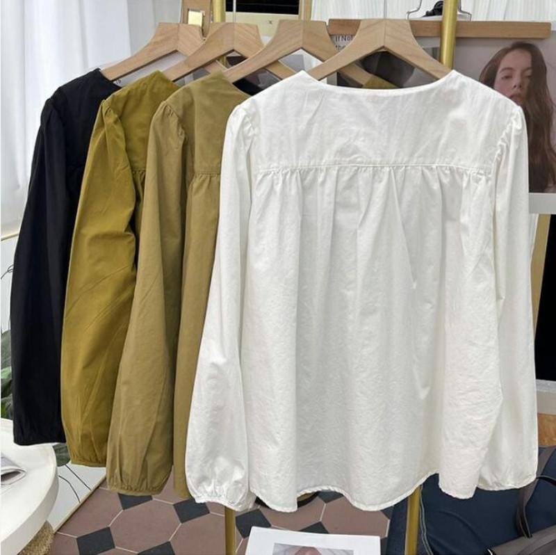Bumbac mâneci bufante cu decolteu O cu mânecă lungă cămăși cu nasturi femei stil coreean bluză largi Topuri albe 2023 toamnă iarnă nou în