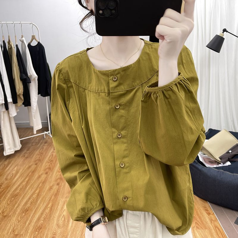 Bumbac mâneci bufante cu decolteu O cu mânecă lungă cămăși cu nasturi femei stil coreean bluză largi Topuri albe 2023 toamnă iarnă nou în