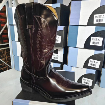 Férfi Western Cowboy csizmák Női PU bőr cipők Hímzett magas csizmák páros cipők hegyes alacsony sarkú csizmák 35-48 nagy méretű