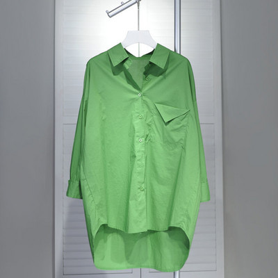 2022. Novo u šik ženskoj košulji dugih rukava s otvorenim ovratnikom i prednjim džepom, široka zelena bijela bluza, ženske pamučne majice s jednim kopčanjem