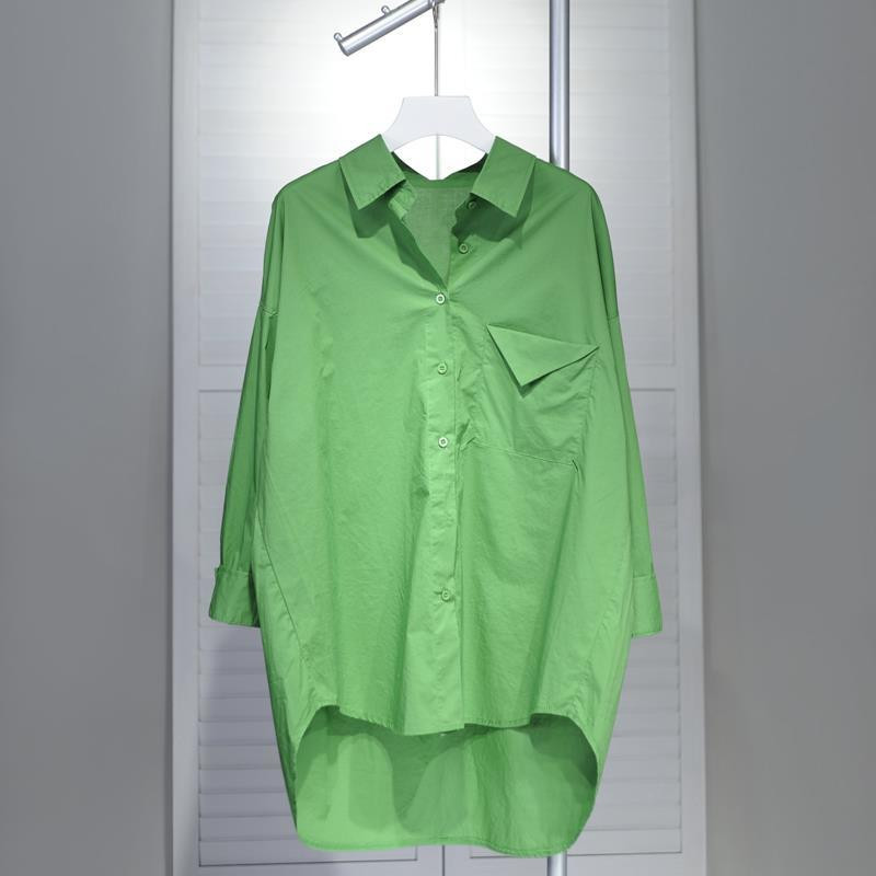 2022. Novo u šik ženskoj košulji dugih rukava s otvorenim ovratnikom i prednjim džepom, široka zelena bijela bluza, ženske pamučne majice s jednim kopčanjem