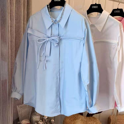Košulja s mašnom Ženska 2022. Proljeće Jesen Originalni dizajn Chic dugih rukava na preklop Bijela plava bluza Ženske modne majice Dropshipping