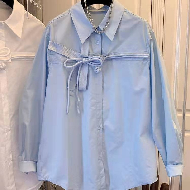 Košulja s mašnom Ženska 2022. Proljeće Jesen Originalni dizajn Chic dugih rukava na preklop Bijela plava bluza Ženske modne majice Dropshipping