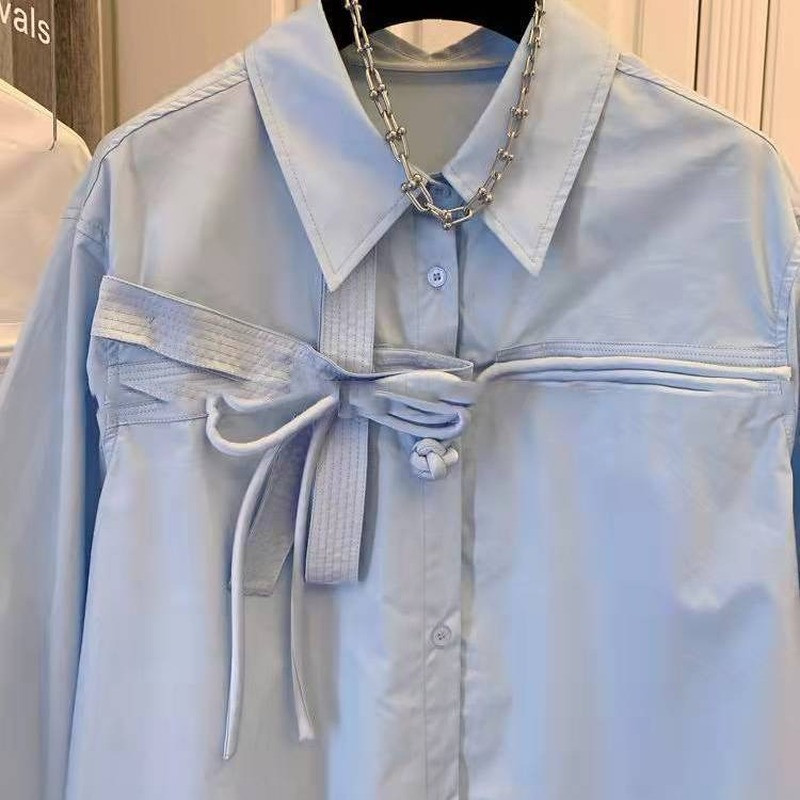 Košulja s mašnom Ženska 2022. Proljeće Jesen Originalni dizajn Chic dugih rukava na preklop Bijela plava bluza Ženske modne majice Dropshipping