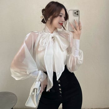 Γυναικεία μπλούζα με δίχτυ παπιγιόν 2023 Chic New Style Temperament Lady ChiffonTops Fashion Φωτεινό μωβ μακρυμάνικο πουκάμισο με φανάρι