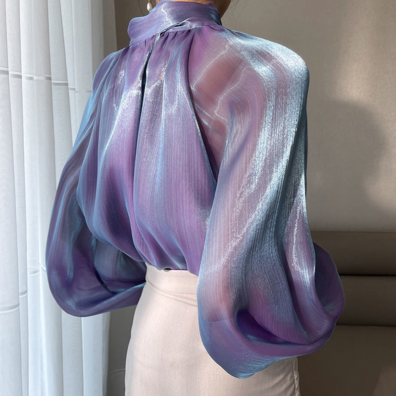 Mrežasta bluza s mašnom, ženska 2023. Chic novi stil, temperamentna dama od šifona, modna jarko ljubičasta majica dugih lampion rukava