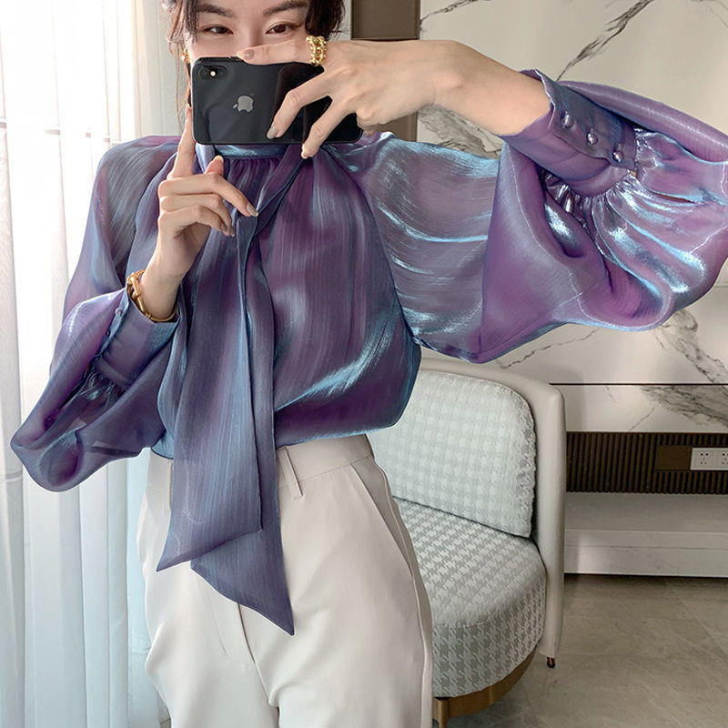Mrežasta bluza s mašnom, ženska 2023. Chic novi stil, temperamentna dama od šifona, modna jarko ljubičasta majica dugih lampion rukava