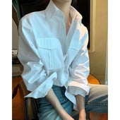 Naiste avar särk, valge esitaskud, nööbiga üles tõstetud pikkade varrukatega Basic top Kevadsügis, elegantsed ilusad pluusid, uus 2023 naistele