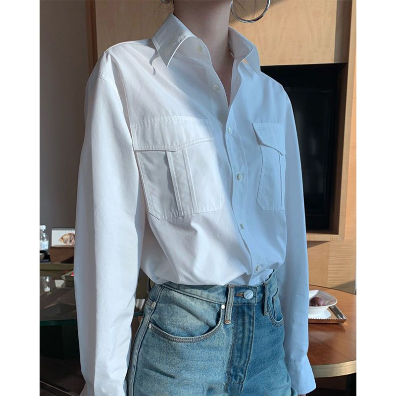 Naiste avar särk, valge esitaskud, nööbiga üles tõstetud pikkade varrukatega Basic top Kevadsügis, elegantsed ilusad pluusid, uus 2023 naistele