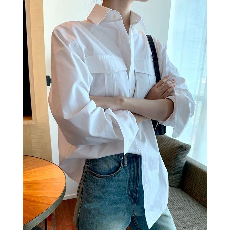 Naiste avar särk, valge esitaskud, nööbiga üles tõstetud pikkade varrukatega Basic top Kevadsügis, elegantsed ilusad pluusid, uus 2023 naistele