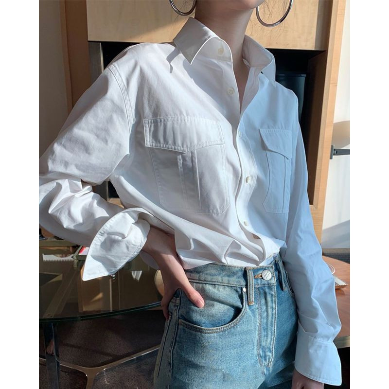 Naiste avar särk, valge esitaskud, nööbiga üles tõstetud pikkade varrukatega Basic top Kevadsügis, elegantsed ilusad pluusid, uus 2023 naistele