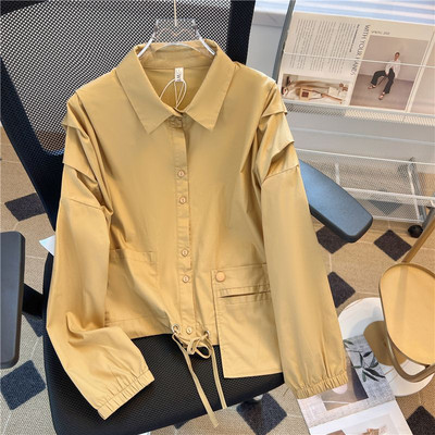 Modne široke košulje na zakopčavanje Ženske bluze Proljeće 2023. Novo u prednjim džepovima Nabrane majice s uzicom Pamuk s naborima