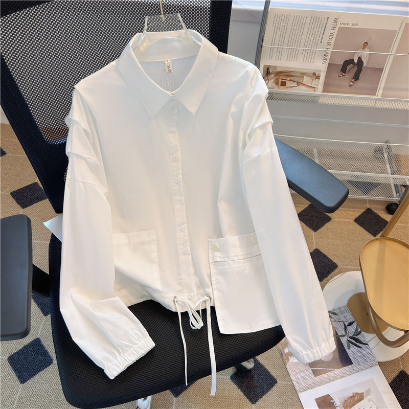 Modne široke košulje na zakopčavanje Ženske bluze Proljeće 2023. Novo u prednjim džepovima Nabrane majice s uzicom Pamuk s naborima