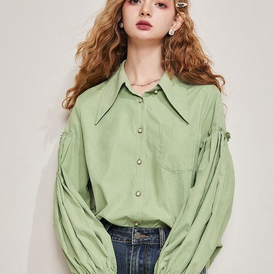 Prancūziški persikų aksominiai ilgomis pūkuotomis rankovėmis, 2023 m. rudens, žiemos naujiena, palaidinė, prašmatni palaidinė