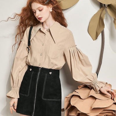 Prancūziški persikų aksominiai ilgomis pūkuotomis rankovėmis, 2023 m. rudens, žiemos naujiena, palaidinė, prašmatni palaidinė