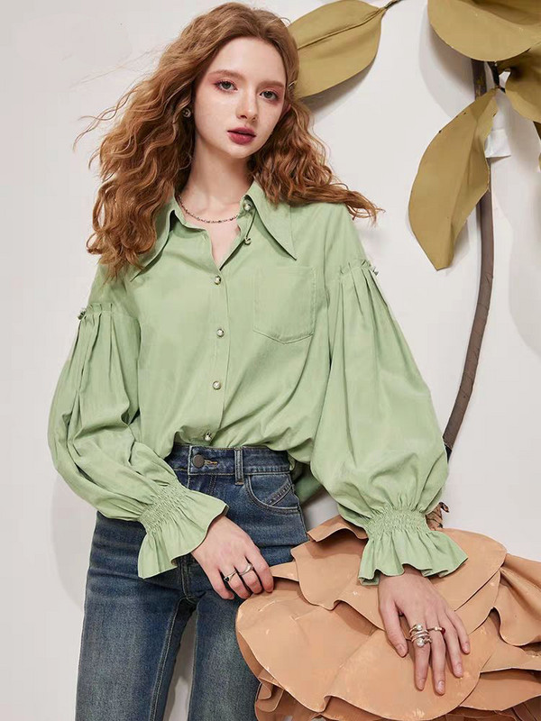 Prancūziški persikų aksominiai ilgomis pūkuotomis rankovėmis, 2023 m. rudens, žiemos naujiena, palaidinė, prašmatni palaidinė