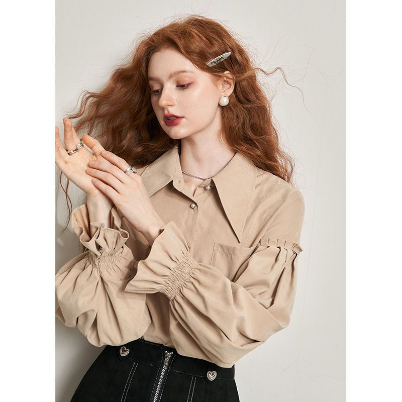 Prancūziški persikų aksominiai ilgomis pūkuotomis rankovėmis, 2023 m. rudens, žiemos naujiena, palaidinė, prašmatni palaidinė