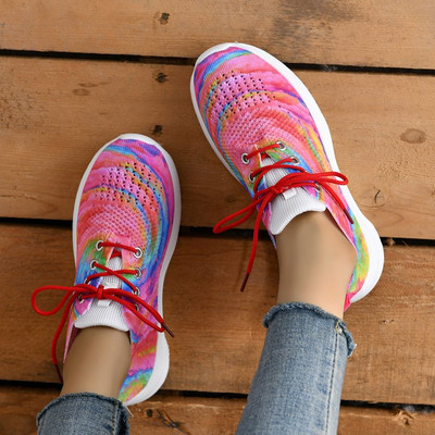 Pantofi cu platformă cu graffiti de modă pentru femei 2023, toamnă, pantofi de tenis din plasă de tricotat, pantofi de mers ocazional, ușoare, antiderapante