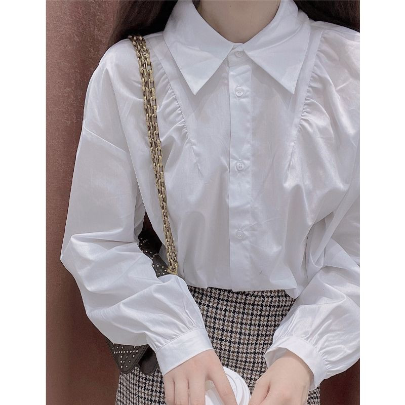 Cămăși pentru femei în stil coreean, școală, bluză albă, primăvară, toamnă, cămașă cu nasturi, cu umăr căzut, cu mânecă lungă, topuri libere din bumbac