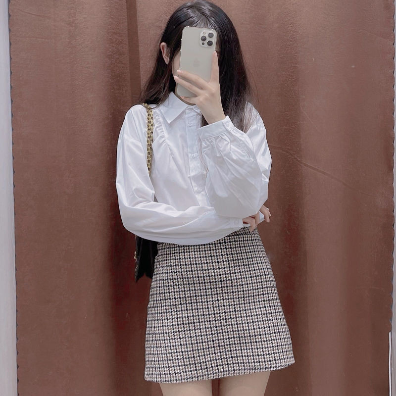 Cămăși pentru femei în stil coreean, școală, bluză albă, primăvară, toamnă, cămașă cu nasturi, cu umăr căzut, cu mânecă lungă, topuri libere din bumbac