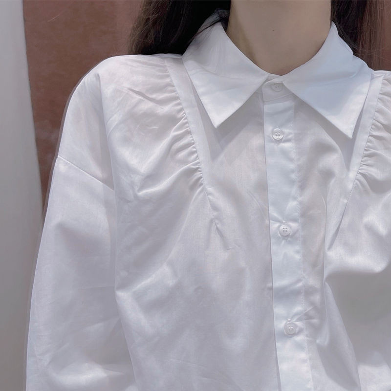 Cămăși pentru femei în stil coreean, școală, bluză albă, primăvară, toamnă, cămașă cu nasturi, cu umăr căzut, cu mânecă lungă, topuri libere din bumbac