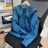 Traper košulje 2022. Proljeće Jesen Ženske Volančići Dugi rukavi Peter Pan Ovratnik Cvijeće Široka majica s vezom na kopčanje Ženske majice