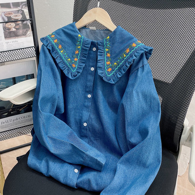 Traper košulje 2022. Proljeće Jesen Ženske Volančići Dugi rukavi Peter Pan Ovratnik Cvijeće Široka majica s vezom na kopčanje Ženske majice