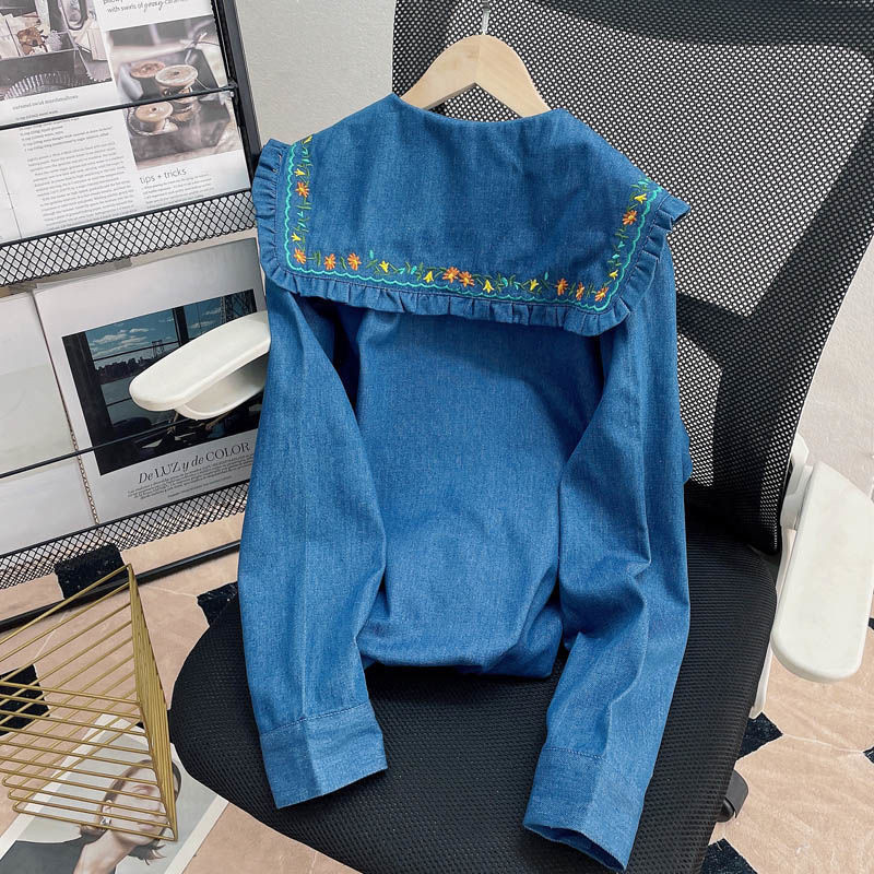 Traper košulje 2022. Proljeće Jesen Ženske Volančići Dugi rukavi Peter Pan Ovratnik Cvijeće Široka majica s vezom na kopčanje Ženske majice