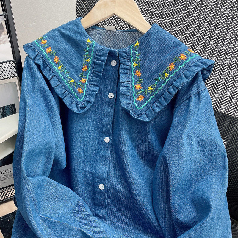 Traper košulje 2022. Proljeće Jesen Ženske Volančići Dugi rukavi Peter Pan Ovratnik Cvijeće Široka majica s vezom na kopčanje Ženske majice