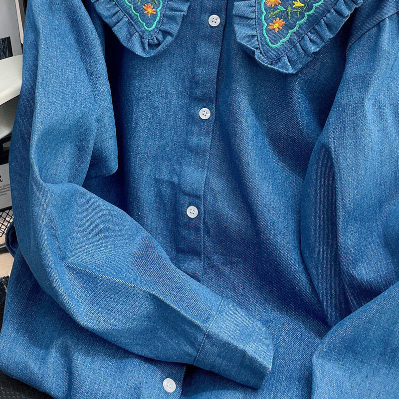 Traper košulje 2022. Proljeće Jesen Ženske Volančići Dugi rukavi Peter Pan Ovratnik Cvijeće Široka majica s vezom na kopčanje Ženske majice