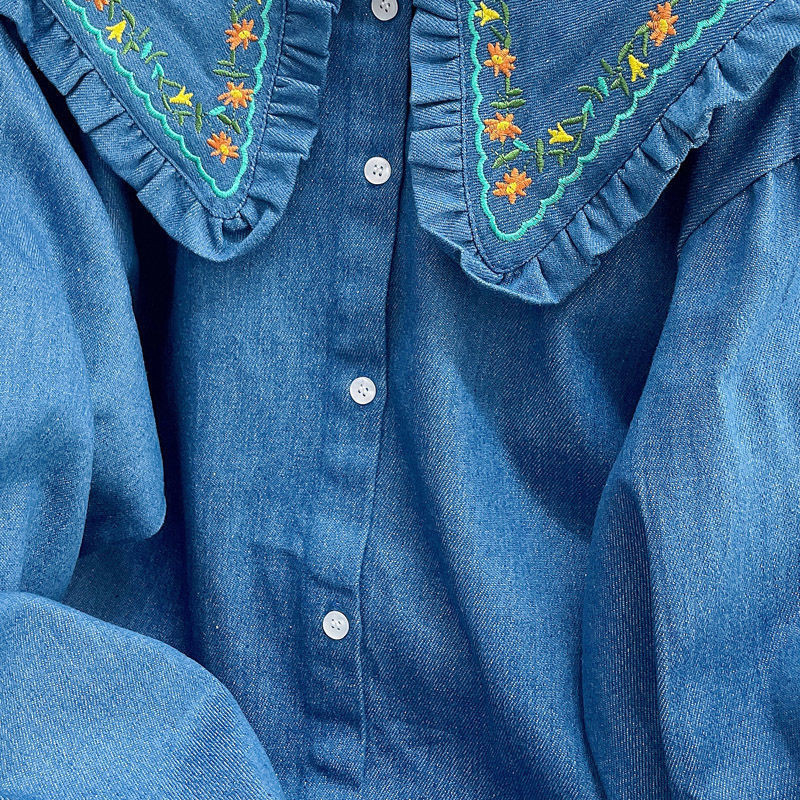 Traper košulje 2022. Proljeće Jesen Ženske Volančići Dugi rukavi Peter Pan Ovratnik Cvijeće Široka majica s vezom na kopčanje Ženske majice