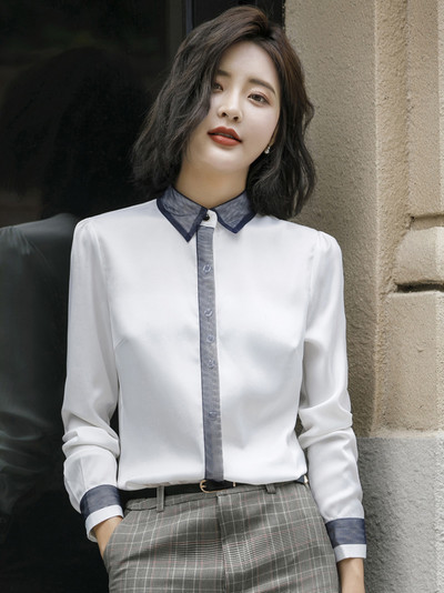 Γυναικείο πουκάμισο γραφείου Λευκό Κομψό γιακά με μακρυμάνικο Διχτυωτό Μπλουζάκι Μπλε μπλούζα με άνοιξη Γυναικεία ρούχα εργασίας Πουκάμισο Plus Size Top