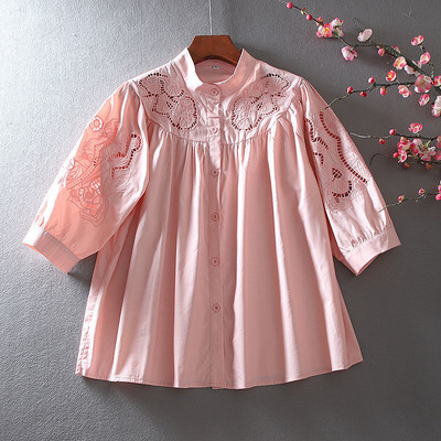 Pitsipluus 2022 Uus originaalse disainiga õõnsa särk, naiste püstine krae, lahtine latern, varrukatega tikandiga topid Ruched särgid