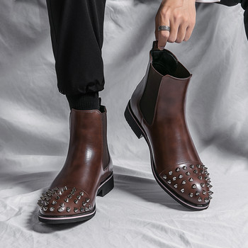 Нови черни модни нитове, мъжки ботуши Челси, бизнес обувки с приплъзване, мъжки оксфордски обувки, луксозни дизайнерски кожени официални официални обувки, мъжки