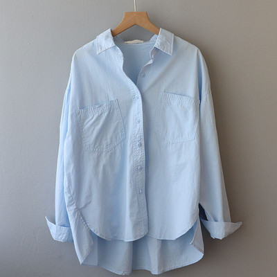 Γυναικείο βαμβακερό πουκάμισο Βασικό επάνω πουκάμισο με κουμπιά με μπροστινή τσέπη Κομψό φαρδύ ακανόνιστο πουκάμισο Casual Top Κορεάτικο στυλ Μπλούζα Λευκό