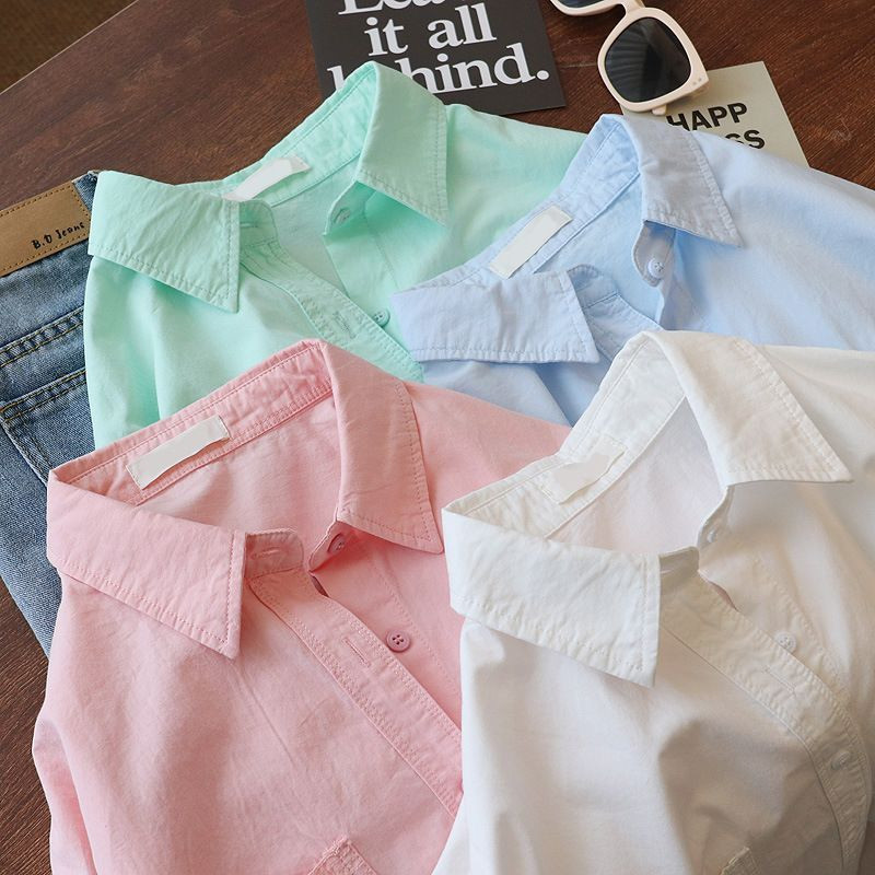 Γυναικείο βαμβακερό πουκάμισο Βασικό επάνω πουκάμισο με κουμπιά με μπροστινή τσέπη Κομψό φαρδύ ακανόνιστο πουκάμισο Casual Top Κορεάτικο στυλ Μπλούζα Λευκό