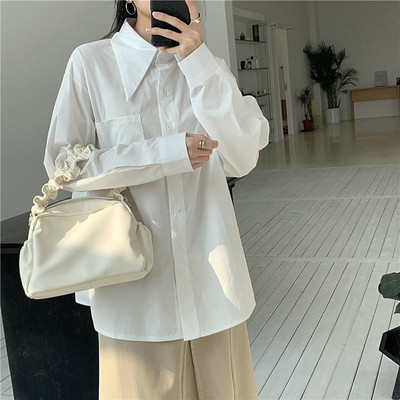 Cămăși albe pentru femei în stil coreean pentru băiat prieten, cu guler cu punct mare, bluză largi oversize pentru femei, ocazional, cu buzunar, cu mânecă lungă, topuri cu nasturi