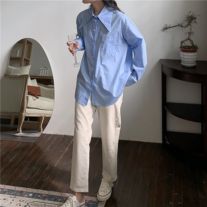 Cămăși albe pentru femei în stil coreean pentru băiat prieten, cu guler cu punct mare, bluză largi oversize pentru femei, ocazional, cu buzunar, cu mânecă lungă, topuri cu nasturi