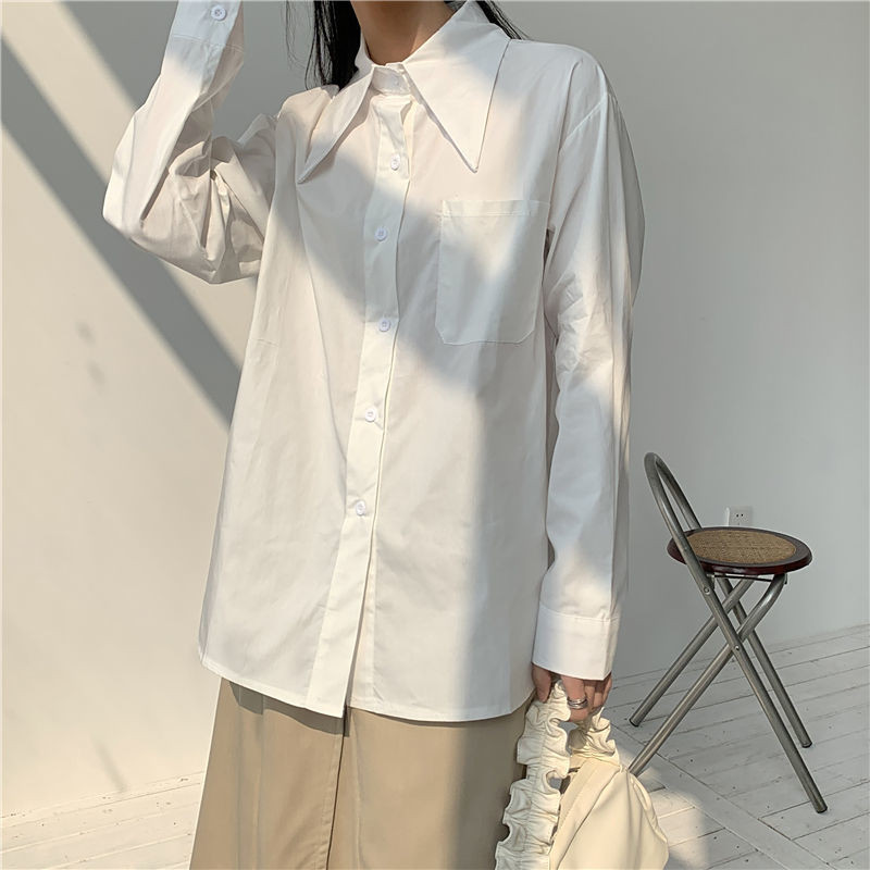 Cămăși albe pentru femei în stil coreean pentru băiat prieten, cu guler cu punct mare, bluză largi oversize pentru femei, ocazional, cu buzunar, cu mânecă lungă, topuri cu nasturi