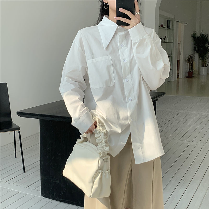 Cămăși albe pentru femei în stil coreean pentru băiat prieten, cu guler cu punct mare, bluză largi oversize pentru femei, ocazional, cu buzunar, cu mânecă lungă, topuri cu nasturi
