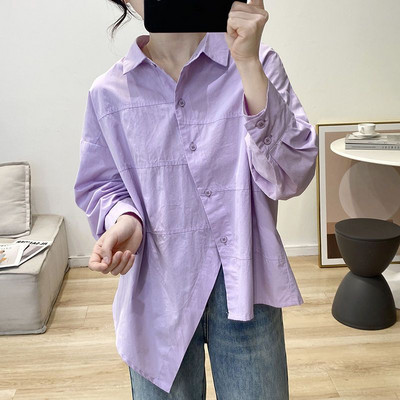 Κομψό πουκάμισο με ακανόνιστο σχέδιο, φθινόπωρο μόδας 2023 Νέα σε φαρδιά βαμβακερή μπλούζα Γυναικεία μακρυμάνικη μπλούζα λευκό μωβ