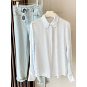 Ριγέ γυναικεία μπλούζα Άνοιξη φθινόπωρο casual με γιακά με χάντρες μακρυμάνικο πουκάμισο Lady κορεατικό φαρδύ πουκάμισο OL στυλ Εργασίας S-XL