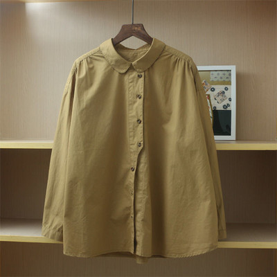 Cămăși cu nasturi în stil japonez Mori Girl, cu guler Peter Pan, pentru femei, 2022, nou în culoare solidă, bluză din bumbac, cu umăr căzut, Topuri largi