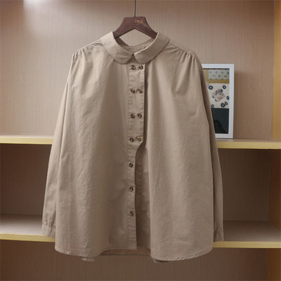 Cămăși cu nasturi în stil japonez Mori Girl, cu guler Peter Pan, pentru femei, 2022, nou în culoare solidă, bluză din bumbac, cu umăr căzut, Topuri largi